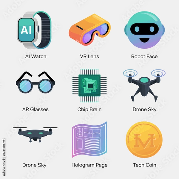 Fototapeta Set of technology and artificial intelligence icons with labels Keywords: technology, artificial intelligence, AI, robot, drone, VR, AR glasses, smartwatch, computer chip, coin, hologram