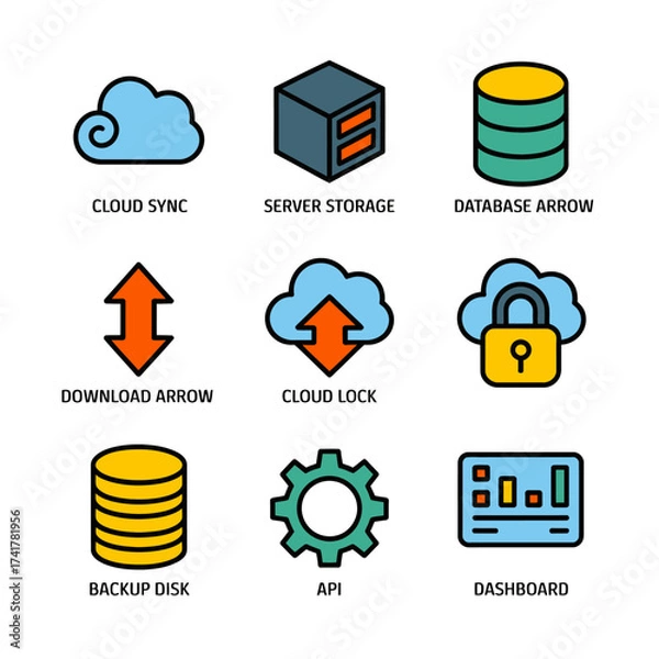 Fototapeta Technology and Data Management Icons with Labels on White Background cloud computing server
