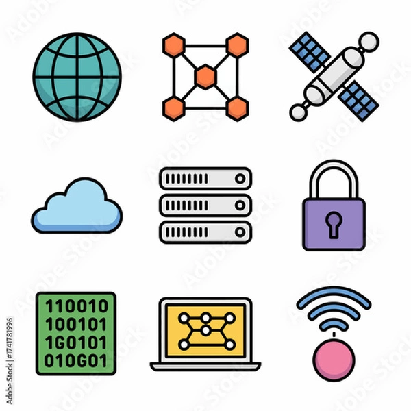 Fototapeta Technology and Network Icons Set with Globe Cloud Server Satellite and Lock Keywords: technology, network, internet, cloud, data, server, satellite, security, lock, global, connection