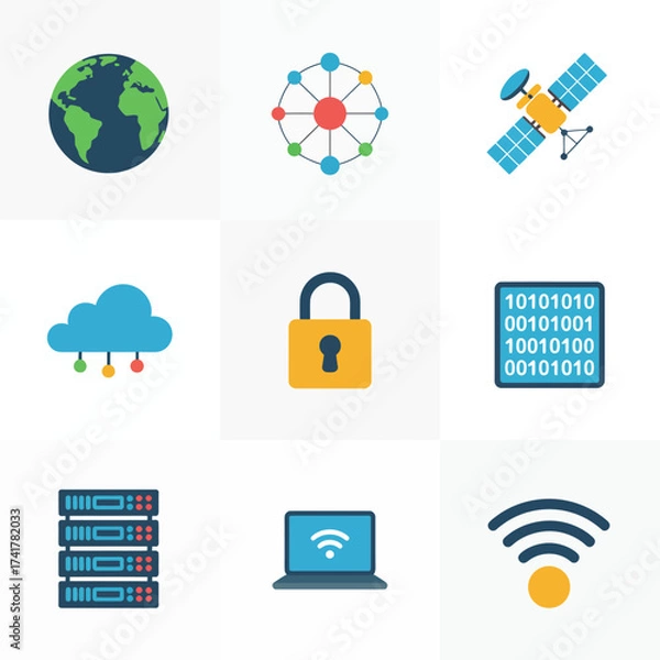 Fototapeta Technology and Networking Icons Set with Globe Cloud Lock and Satellite internet connection