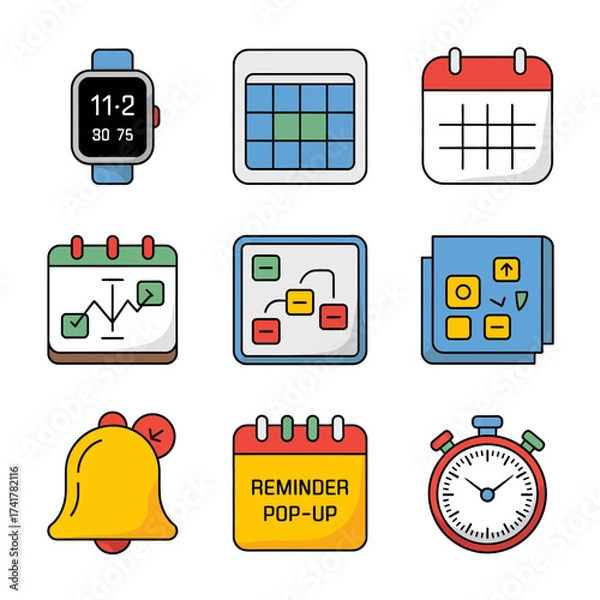 Fototapeta Time Management and Scheduling Icons with Smartwatch Calendar and Stopwatch digital watch grid