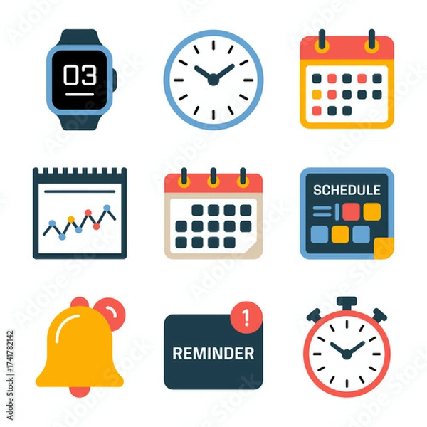 Fototapeta Time Management and Scheduling Icons with Smartwatch Clock Calendar and Reminder Bell digital watch analog clock