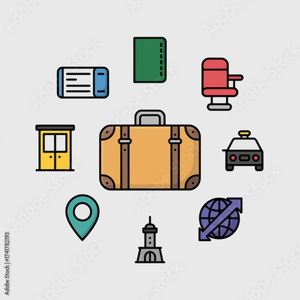 Fototapeta Travel and Transportation Icons Arranged in a Circle Around a Suitcase Keywords: travel, luggage, suitcase, passport, ticket, airplane, taxi, location pin, lighthouse, globe, transportation