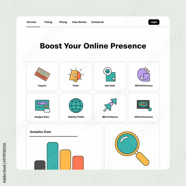 Fototapeta Website landing page for online presence services with marketing icons and analytics boost