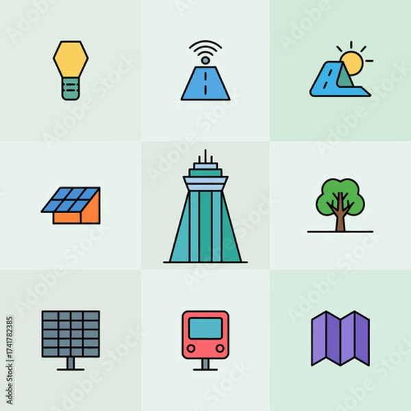 Fototapeta A collection of nine simple flat design icons for technology, nature, and urban elements light bulb road