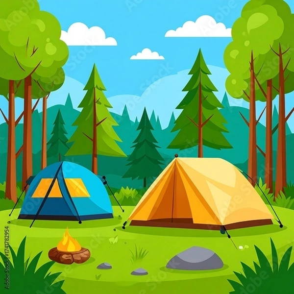 Fototapeta Campsite with two tents in a sunny forest glade