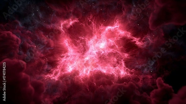 Obraz The image showcases a vibrant, fiery nebula in shades of pink and crimson, surrounded by darker, cloud-like formations and scattered with distant stars.