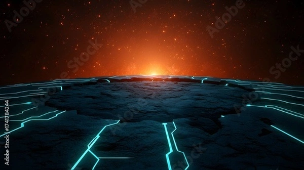 Obraz The image shows a dark, cracked terrain with glowing blue lines, contrasted against a fiery orange and starry sky, creating a sense of futuristic fantasy and otherworldly landscape.