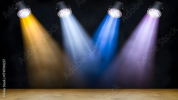 Obraz The image depicts a minimalistic stage setup against a dark backdrop, illuminated by four bright stage lights emitting vibrant yellow, white, blue, and purple beams.