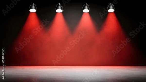 Obraz A studio setup features four black spotlights shining red light onto a concrete floor against a dark background, creating a theatrical and dramatic presentation.