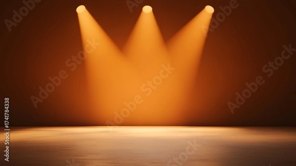 Obraz The image depicts a stage bathed in warm, orange light from three spotlights shining down, creating a focused and dramatic effect on the surface below.