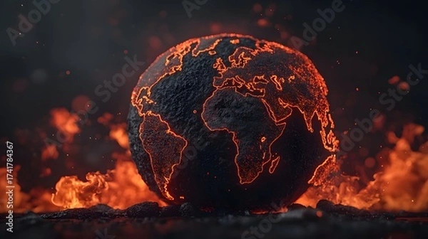 Obraz The image shows a stylized, dark globe of Earth with glowing, fiery orange outlines of the continents, surrounded by flames and a dark, atmospheric background