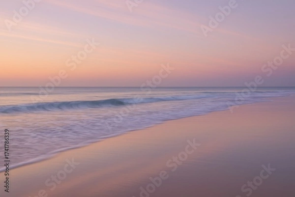 Fototapeta Pastel shore at golden hour with silky waves and glowing sky reflected on wet sand