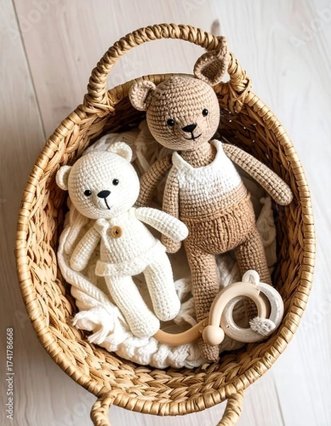 Fototapeta Two crocheted teddy bears in a wicker basket