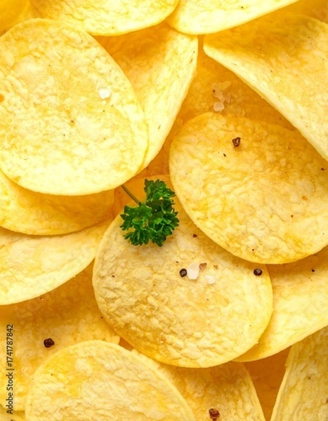 Fototapeta Golden potato chips with salt and parsley