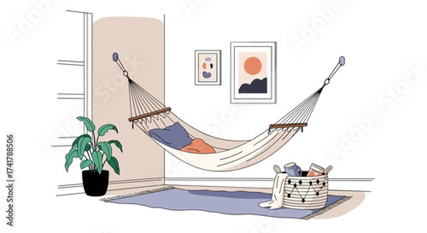 Fototapeta A cozy indoor hammock setup with potted plants and decorative art on the wall.