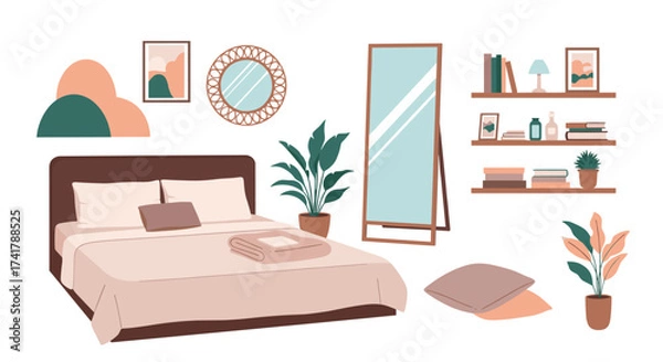 Fototapeta A cozy and inviting bedroom with a large bed, decorative mirror, and plants.