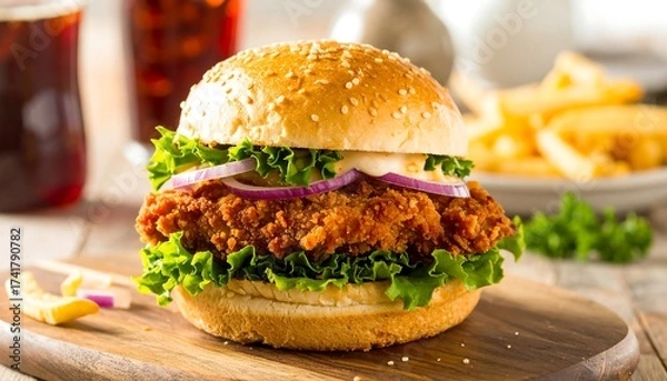 Fototapeta Crispy Fried Chicken Sandwich on a Sesame Seed Bun