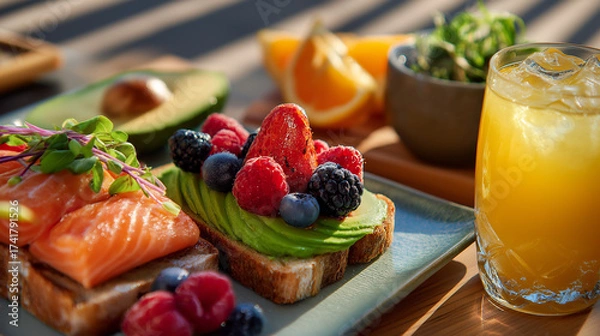 Obraz a vibrant and healthy breakfast with fresh fruit on toast, an avocado-topped plate, and a salmon fillet for high-speed photography, shot using camera with a macro lens. the composition 