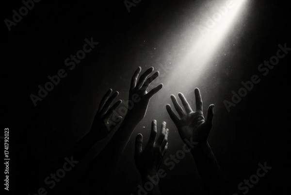 Fototapeta Emotive concept hands reaching toward light from darkness conveying silent call for help