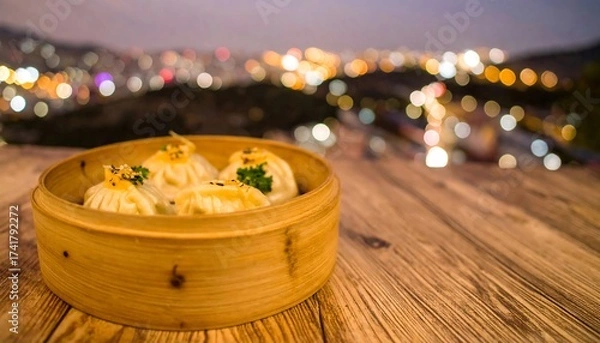Fototapeta Steamed dumplings in a bamboo steamer on a wooden table overlooking a city at twilight