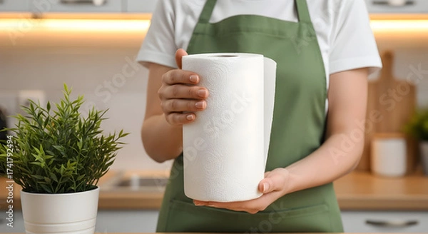 Obraz Eco-Friendly Kitchen: Woman Holding Sustainable Paper Towel Roll in Bright Home Setting Highlighting Cleanliness Hygiene and Environmentally Conscious Choices