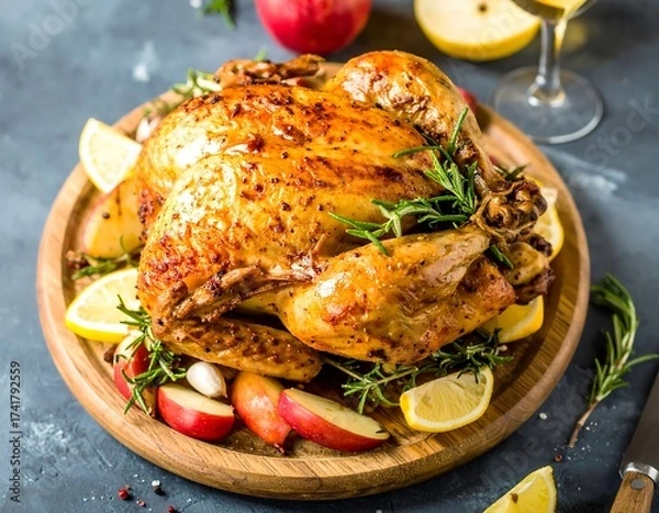 Fototapeta Roasted chicken on wooden platter with apples and lemon