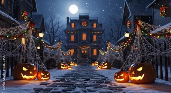 Obraz Spooky Halloween pumpkins glowing on a snowy street decorated with Christmas lights and spider webs under a full moon night