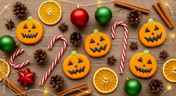 Obraz Top view of festive Christmas and Halloween decoration mix with pumpkin cookies, candy canes, pine cones, and ornaments on wooden background