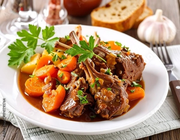 Fototapeta Roasted lamb shanks with carrots and potatoes