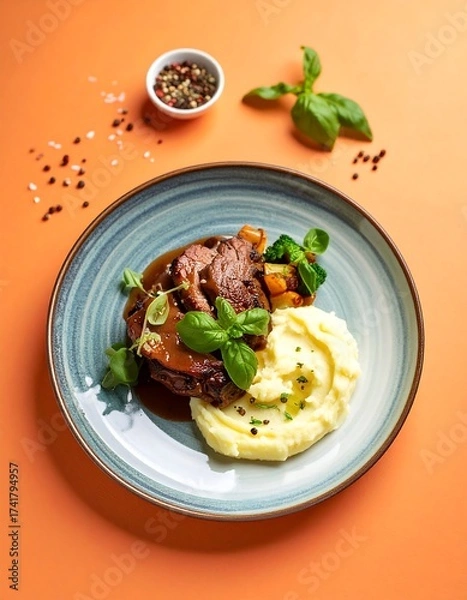 Fototapeta Roasted meat with mashed potatoes and vegetables