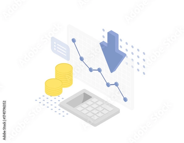Fototapeta 下降する折れ線グラフと矢印、電卓のアイソメトリックなビジネスイラスト (コスト削減、業績悪化、不況) ベクター素材、ブルー