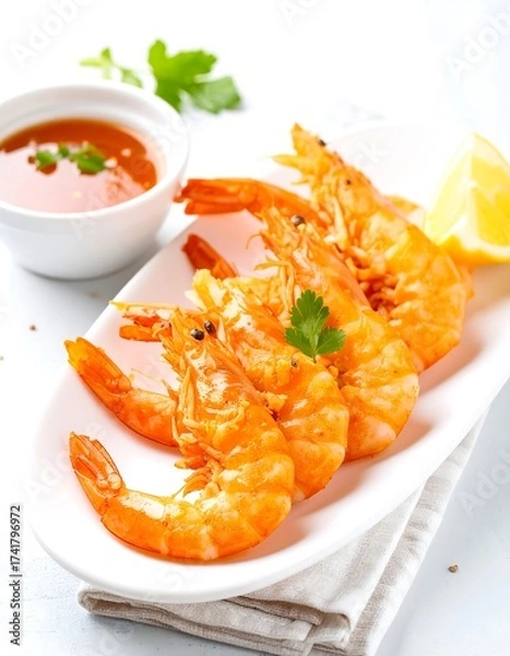 Fototapeta Roasted shrimp with spicy sauce