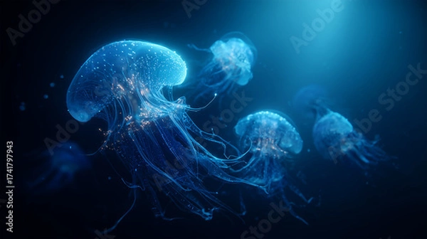 Obraz Underwater scene with glowing plankton or jellyfish