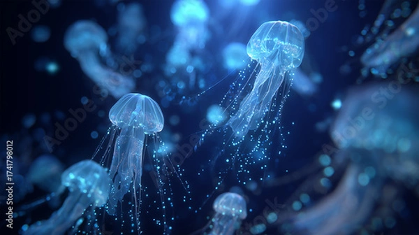 Obraz Underwater scene with glowing plankton and jellyfish.