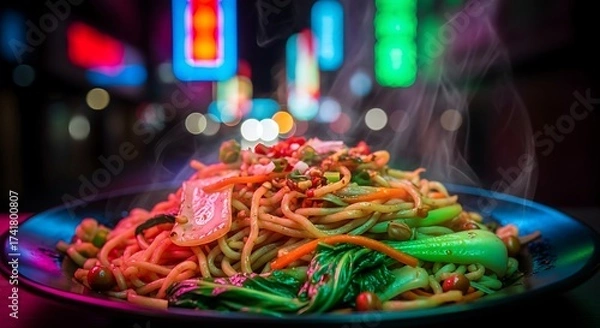 Fototapeta Steaming noodle dish on a vibrant cityscape background displaying culinary delight and urban gastronomy representing