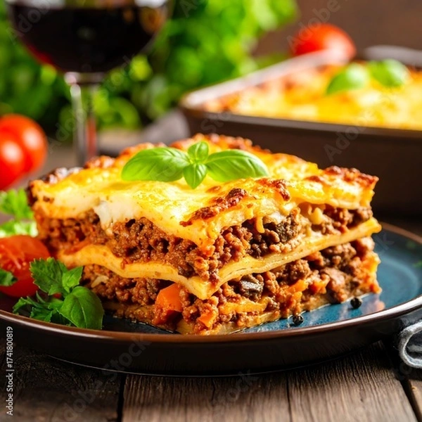 Fototapeta Italian lasagna, wine
