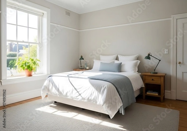 Fototapeta Tranquil bedroom interior with soft light creating a calming atmosphere and a relaxing place to rest
