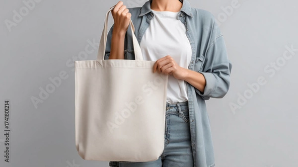 Fototapeta A woman holding a blank white tote bag mockup. Perfect for showcasing logo designs and branding or promotional artwork.