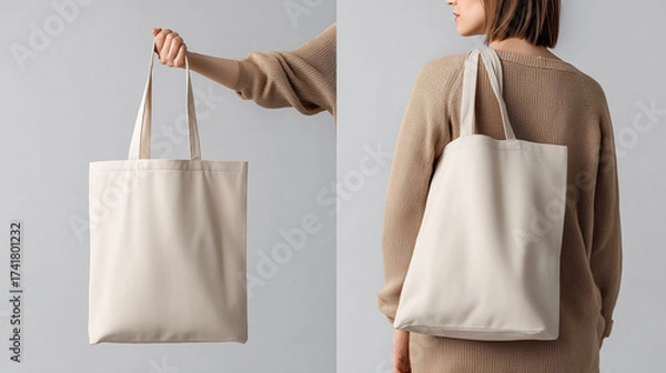 Fototapeta A minimal mockup of a beige canvas tote bag shown in two perspectives. Perfect for branding and logo placement or eco-friendly product design.