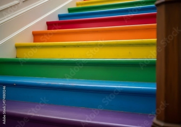 Fototapeta Vibrant ascent: Rainbow-hued staircase design showcasing inclusivity and creative interior design inviting upward