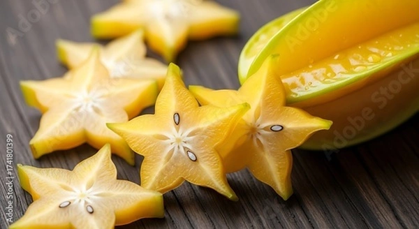 Fototapeta Vibrant Star Fruit Slices on Weathered Wood Surface in Artistic Composition