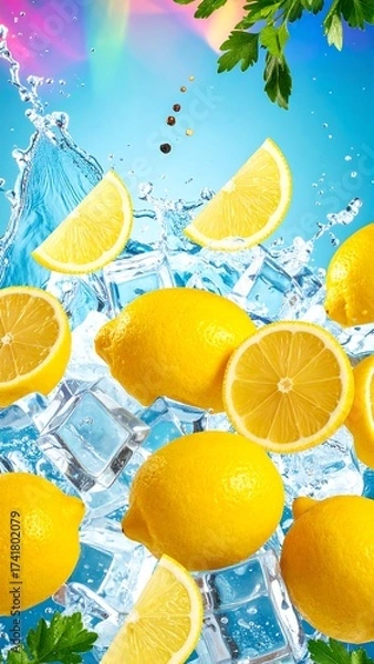 Fototapeta Lemons with ice splash