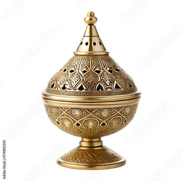 Obraz Antique Gold Incense Burner with Complex Geometric and Leaf Motifs and Perforated Lid oud burner