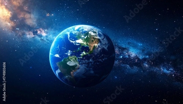 Obraz Earth from space with starry nebula backdrop scene
