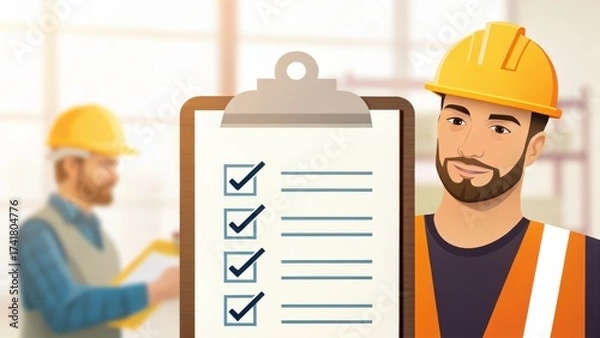 Fototapeta customer care builders concept. Construction worker with checklist and colleague in background.