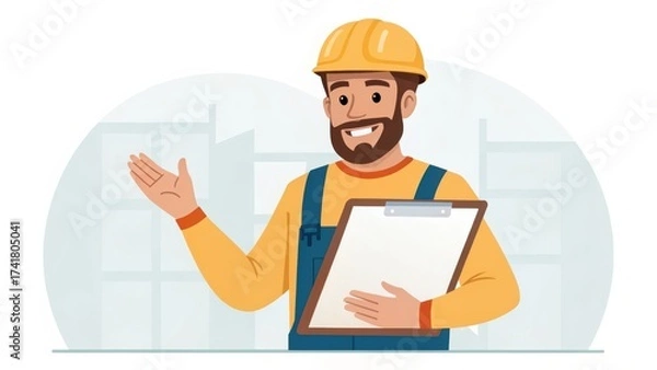 Fototapeta customer care builders concept. Construction worker with a clipboard, smiling and gesturing.