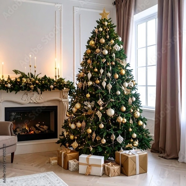 Fototapeta Elegant Christmas tree with gifts by a fireplace