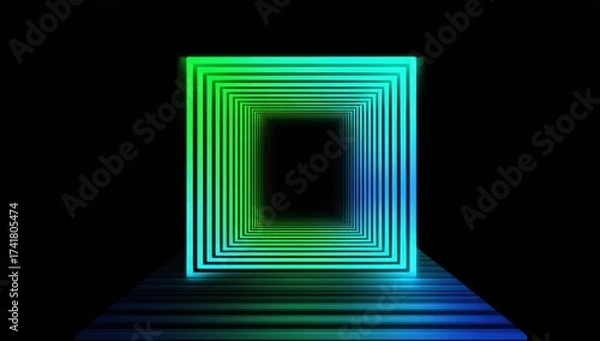 Fototapeta Glowing green and blue square tunnel with a black background and a matching color floor design