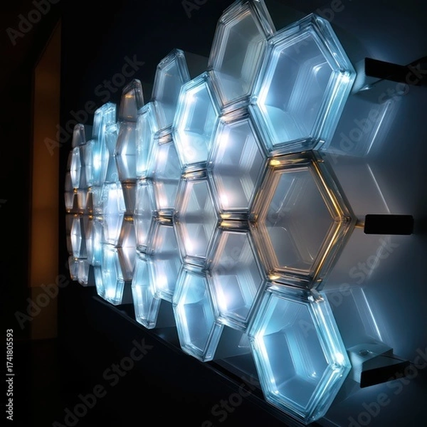 Fototapeta Illuminated hexagonal panels arranged on a wall creating a honeycomb pattern in a dark environment